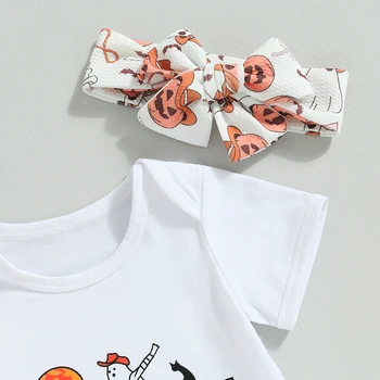 Дрехи за малките момичета, Тениска с кръгло деколте и принтом призрачна тиква, с штанами, превръзка на главата, облекло за Хелоуин