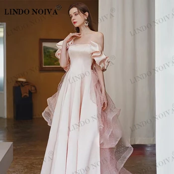 Вечерни рокли LINDO NOIVA с открити рамене, Розови сатенени рокли, трапецовидна форма, без презрамки, с пищни ръкави и дълга облегалка, Женски сватбени рокли на знаменитости