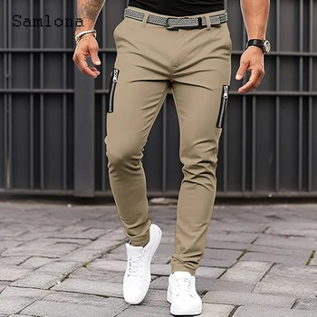 2023 Мъжки Панталони-Карго С Висока Джоб, Обикновен Панталон-молив Цвят Каки, по-Големи Размери, Мъжки Елегантни Модни Панталони с Ципове, Мъжки Градинска Облекло
