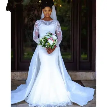 Плюс размер, 2 броя, Африканските дантелено сватбена рокля на русалка с дълъг ръкав, чиста свалящ пола с влак, сватбени рокли Robe De Mariee