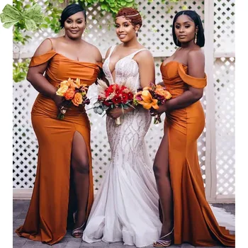 Дълги Ярко-Оранжеви Рокли на Шаферките с Намаляване на Африканските Черни Момичета Robe De Soiree De Mariage Formal Custom vestidos