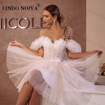 Кратко сватбена рокля на принцеса LINDO NOIVA, Тюлевые мини-шаферски рокли с отворени рамене, Robe De Mariee По поръчка