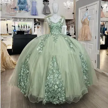 Мятно-зелени Тучни рокли С 3D Цветен Аппликацией, Дантелено Елегантна рокля С Открити рамене, Уважаеми Бална рокля за Бала 15-16 години, Vestidos De 15 Años абитуриентски бал