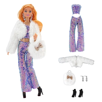 NK 1 Комплект Принцеса кукла аристократично комплект от изкуствена кожа: бяла плюшен яке + лъскави дрехи + аксесоари За кукла Барби Дрехи със собствените си ръце