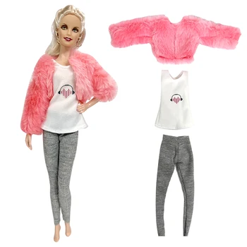 Официален комплект модни дрехи NK, 1 комплект, Розово палто + риза + сиви панталони, дрехи за ежедневието, аксесоари за Барби кукли, децата