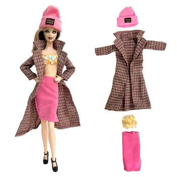 Нов есенен карирани костюми, Модни стоп-моушън дрехи, Винтажное ежедневното палто с дълъг ръкав + Пола + Шапка + Топ аксесоари за кукла Барби